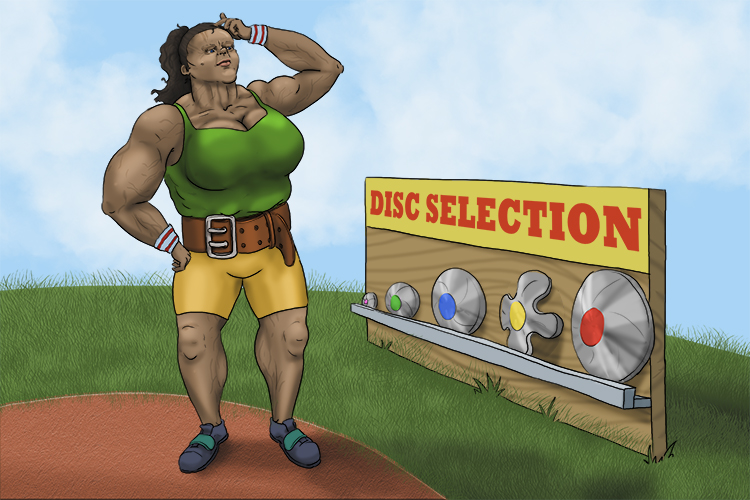 In the discus (discuss), she could choose a disc off any size. she had to work out the advantages and disadvantages of each disc and finally conclude by choosing one.